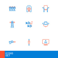 Set line Fishing hook, float, Dried fish, Lighthouse, with, Camping folding chair and Inflatable boat motor icon. Vector