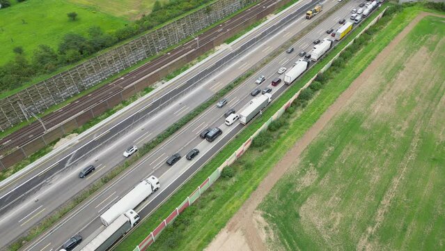 Weilbach, Germany - August 24, 2023: Dense traffic and traffic jam on German highway A3 between Raunheim and Wiesbadener Kreuz