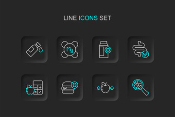 Set line GMO, Calorie calculator, No burger, Intestines, Lactose intolerance, Magnesium and Bottle of water icon. Vector