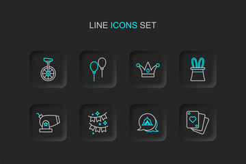 Fototapeta premium Set line Playing cards, Circus tent, Carnival garland with flags, Cannon, Magician hat rabbit ears, Jester bells, Balloons ribbon and Unicycle icon. Vector