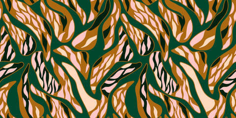 Modern tiger skin seamless pattern. African motif background. Decorative safari fashion surface. Abstract animal fur ornament.