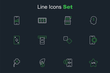Set line Casino win, Football betting money, Hand holding casino chips, slot machine with clover, Online sports, Game dice, Automated teller and Playing card spades symbol icon. Vector