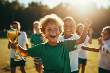 Young Soccer Stars Embrace Victory and Trophy