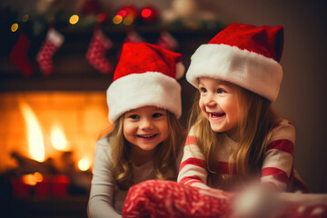 Fototapeta na wymiar Flickering Flames and Sibling Smiles: A Christmas Scene