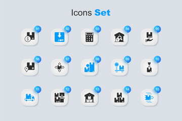 Set Carton cardboard box, Delivery cargo truck, Crane with, and icon. Vector