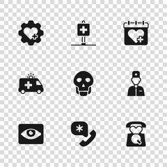 Set Emergency call 911, Male doctor, Skull, Doctor appointment, Heart with cross, Location hospital and Ambulance car icon. Vector