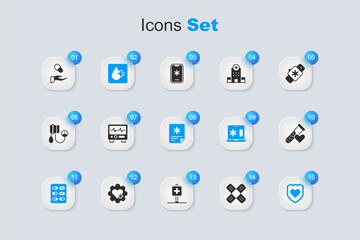 Set Crossed bandage plaster, Monitor with cardiogram, Blood test, Pills in blister pack, Immune system, Test tube blood, Medical prescription and Patient record icon. Vector