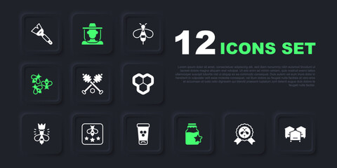 Set Best bee, Hive for bees, Honey dipper stick, Jar of honey, Bees, Type, Beekeeper with protect hat and Cosmetic tube icon. Vector