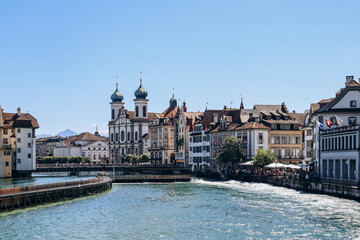 Obraz premium Lucerne, Switzerland - August 10, 2023: View of downtown Lucerne in Switzerland on a sunny summer day