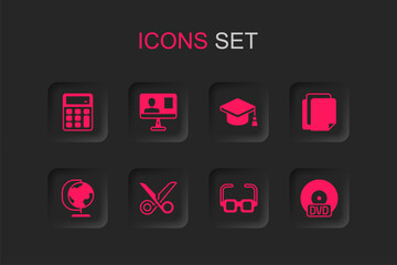 Set Scissors, Online class, Calculator, Glasses, File document, CD DVD disk, Graduation cap and Earth globe icon. Vector