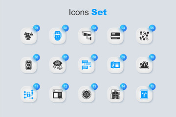 Set Futuristic sliding doors, Artificial intelligence robot, Cyber security, Radioactive waste barrel, Exclamation mark triangle, Earth with exclamation and Speech bubble chat icon. Vector