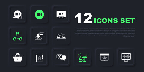Set Video chat conference, Freelancer, Meeting, Phone book, and Question and Answer icon. Vector