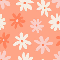 Fototapeta premium 1970 Daisy Naive groovy seamless pattern. Doodle boho background of natural tones. Contemporary trendy backgrounds for kids. Scandinavian nursery print
