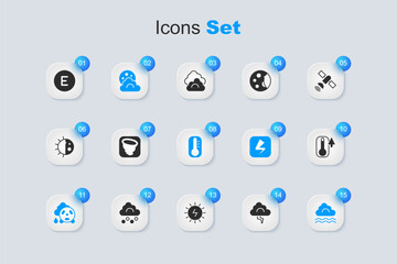 Set Cloud and lightning, Tornado, with moon, Acid rain radioactive cloud, Fog, Thermometer, Compass west and icon. Vector