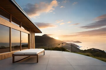 A Modern house at sunset on the beach in Mountains.