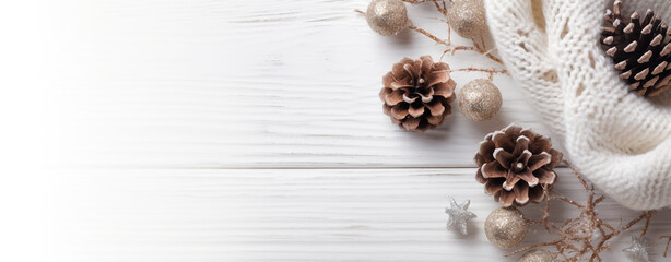 Christmas card with white wool scarf, fir cones and Christmas decorations on wooden white background, legal AI