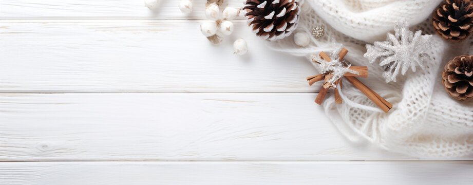 рождественская открытка с белым шерстяным шарфом, сосновыми шишками и рождественскими украшениями на деревянном фоне с пространствами для рисования, legal AI