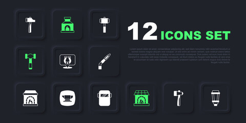 Set Hammer, Garden light lamp, Horseshoe, Blacksmith oven, anvil tool, and Welding mask icon. Vector