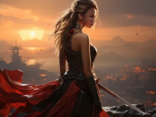 Woman warrior silhouette with sword at fiery sunset in Asian style AI