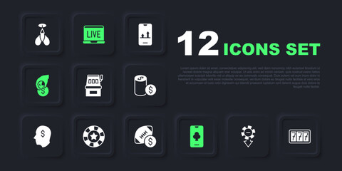 Set Casino chips, Slot machine with jackpot, Online poker table game, Hand holding casino, and American football betting money icon. Vector