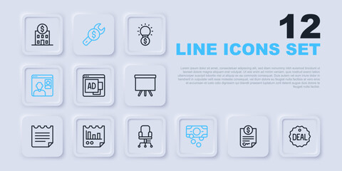 Set line Contract money, Deal, Advertising, Stacks paper cash, Video chat conference, Document with graph chart, Repair price and Office chair icon. Vector