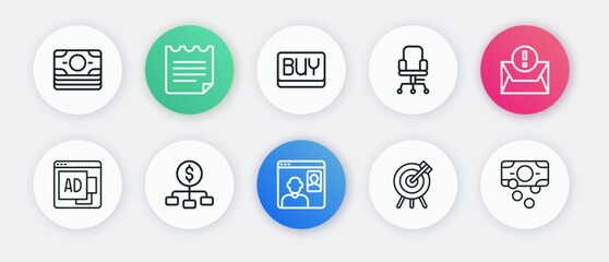 Set line Video chat conference, Envelope, Advertising, Target financial goal, Office chair, Buy button, Stacks paper money cash and Hierarchy with dollar icon. Vector