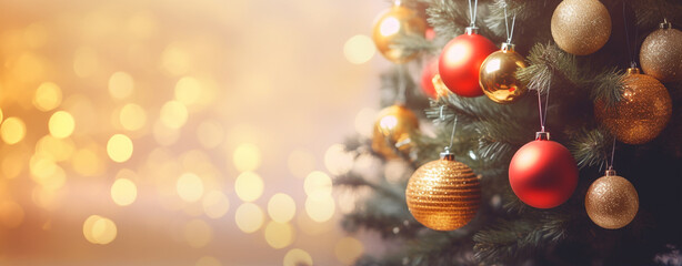 golden and red balls on the Christmas tree. golden blurred background. christmas card, legal AI