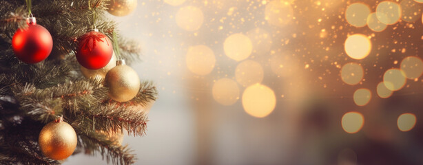 Christmas card with decorated Christmas tree close-up on golden blurred background, legal AI