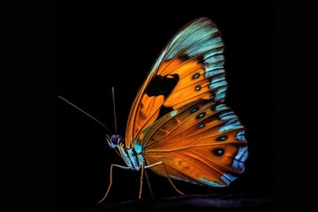Butterfly on a black background. Close-up. Side View. Generative AI