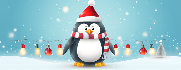 christmas card with funny penguin and christmas lights, legal AI