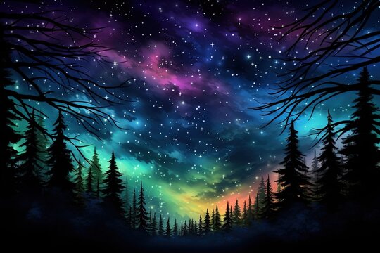 Illustration of silhouettes of pine trees under colorful starry night sky