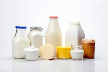 Milk products on a white background. Milk, sour cream, yogurt, sour cream, yogurt, sour cream. Generative AI