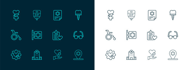 Set line Dental implant, Hospital building, Patient record, Heart with cross, Emergency - Star of Life, Ethnoscience and IV bag icon. Vector