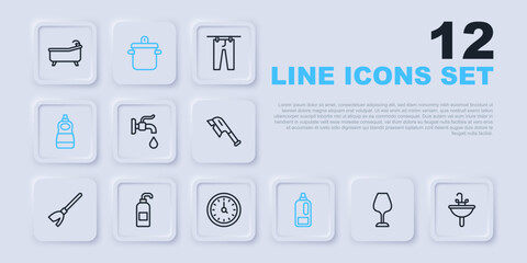 Set line Wine glass, Washbasin, Water tap, Bottle for detergent, Dishwashing liquid bottle, Antibacterial soap, Cooking pot and Clock icon. Vector