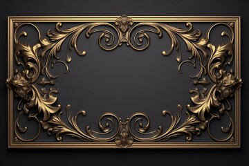 Vintage golden ornate frame over black background with copy space in the center. Conceptual background