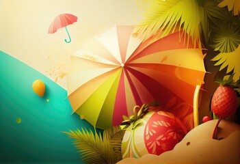 Colorful summer abstract background with umbrella and beach. Generative AI.