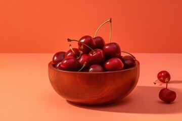 Red cherries in a bowl on a orange background. Copy space. Generative AI