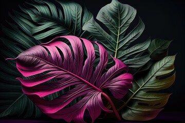 Creative layout made of monstera leaves on black background. Flat lay. Nature concept. Generative AI
