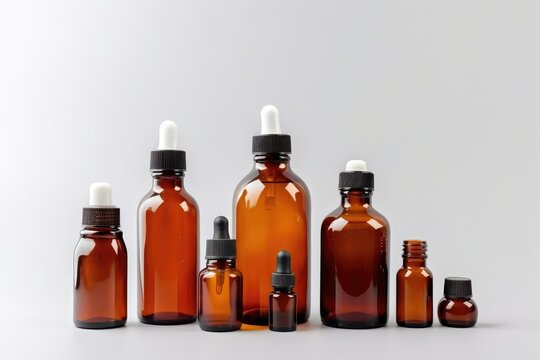 Essential oil in brown glass bottles with pipette on white background. Generative AI
