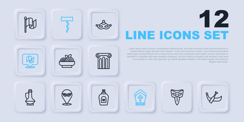 Set line Carnival mask, Gondola boat, Pasta spaghetti, Pope hat, Flag Italy, Wine corkscrew and Perfume icon. Vector