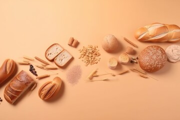 Different types of bread and buns on color background, top view. Generative AI.