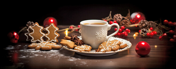 Obraz na płótnie Canvas a cup of coffee with gingerbread and red christmas balls. christmas card, legal AI