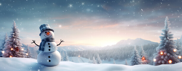happy snowman on the background of the forest at sunset. christmas card, legal AI