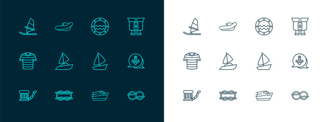 Set line Binoculars, Nautical rope knots, Yacht sailboat, Speedboat, Ship porthole, Windsurfing and Inflatable with motor icon. Vector