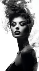 Black and white portrait of a beautiful woman with smoke in her hair