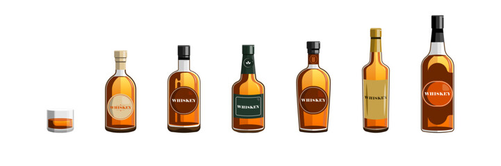 Front view, Different whiskey bottle on isolated background, Vector illustration.