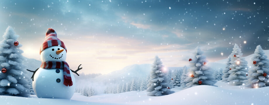 beautiful christmas card With a happy snowman on the background of a winter forest at sunset, legal AI