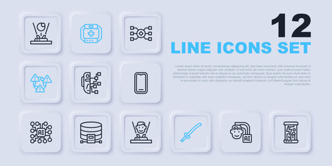 Set line Humanoid robot, Cryogenic capsules, Katana, Earth with exclamation mark, Cloud database, First aid kit and Hologram icon. Vector