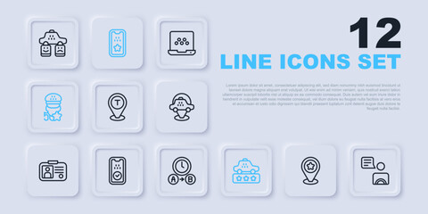 Set line Location with star, Taxi driver, taxi car, service rating, mobile app, and waiting time icon. Vector