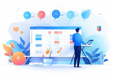 Graphic illustration of a person scheduling calendar invite - obrazy, fototapety, plakaty